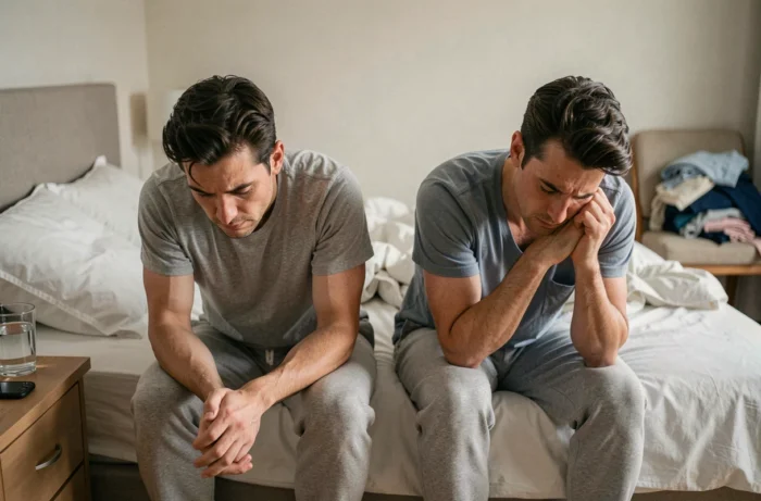 Couple de parents épuisés assis sur le bord du lit, partageant le poids des difficultés parentales