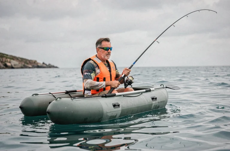 Pêcheur en kayak gonflable sur la mer avec une canne à pêche, portant un gilet de sauvetage orange