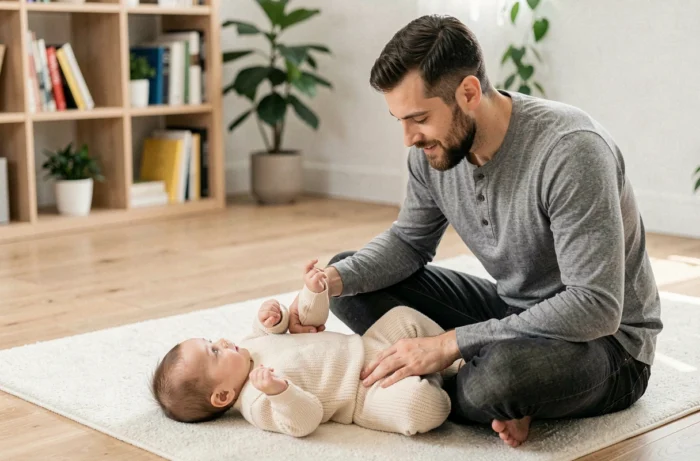 Père jouant avec son bébé de quatre mois sur un tapis d'éveil dans un salon moderne
