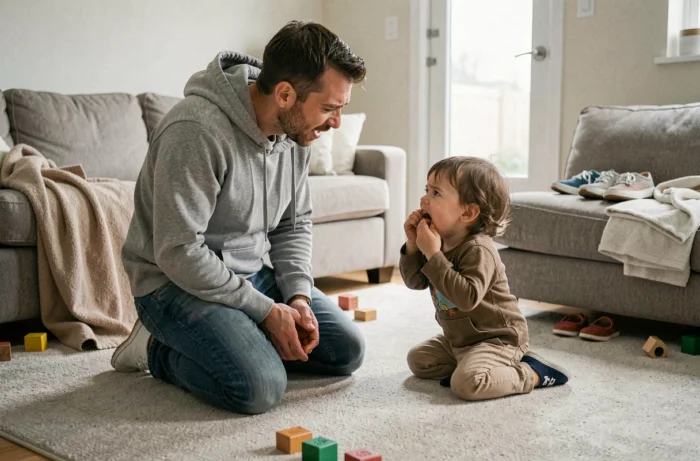 Père patient face à la crise de colère de son enfant, difficulté parentale commune