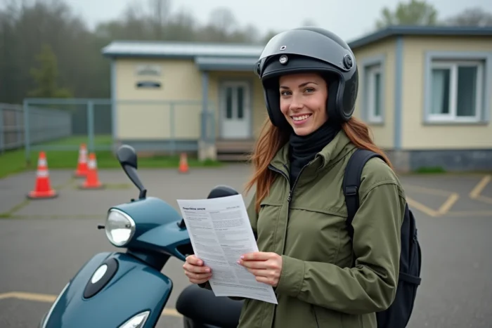 Femme tenant un permis de conduire devant une moto 125 dans une auto-école