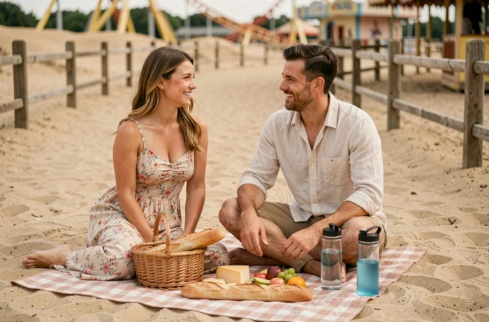 Couple pique-niquant sur le sable à La Mer de Sable avec panier repas et attractions en fond