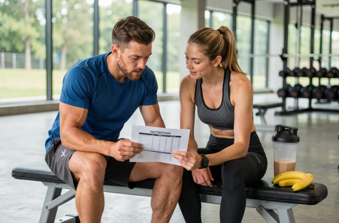 Deux sportifs consultant un plan nutritionnel dans une salle de sport moderne pour améliorer leurs performances et leur récupération