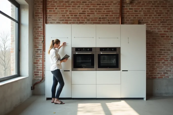 Designer d'intérieur planifiant le placement d'un lave-vaisselle et d'un four dans une cuisine en rénovation