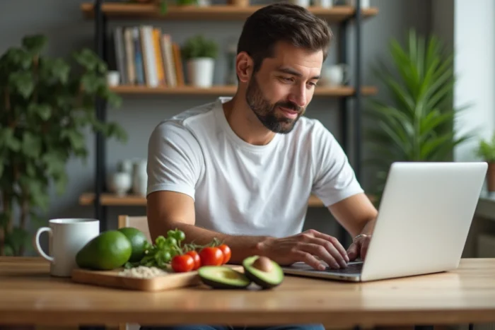 Homme planifiant ses menus de régime hebdomadaires sur ordinateur portable avec des ingrédients frais et sains sur la table