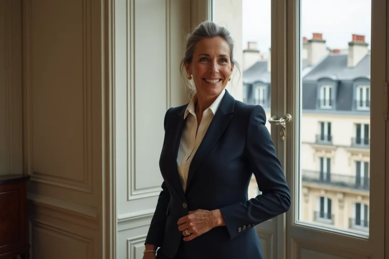 Portrait élégant d'une femme française de soixante ans en blazer marine dans un intérieur parisien haussmannien, évoquant la biographie de Michèle Laroque