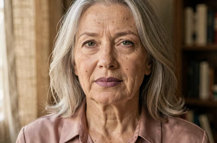 Portrait en gros plan d'une femme de 70 ans portant un rouge à lèvres mauve rosé avec une peau naturelle et des traits élégants