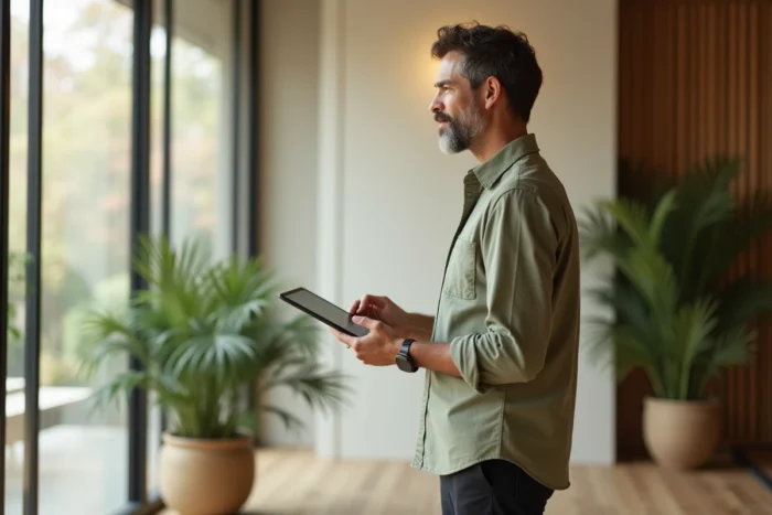 Praticien bien-être masculin consultant un portail professionnel de santé sur une tablette dans un espace zen