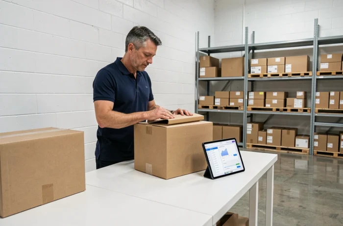 Homme préparant une commande en ligne dans un petit entrepôt avec tablette affichant un tableau de bord e-commerce