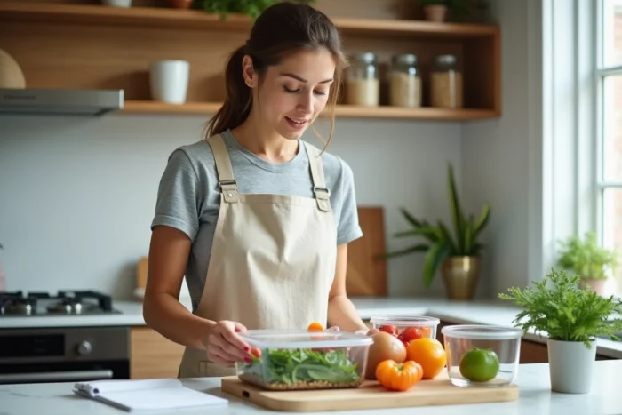 Femme préparant des repas équilibrés pour la semaine avec des contenants colorés et un planificateur de menus de régime hebdomadaire
