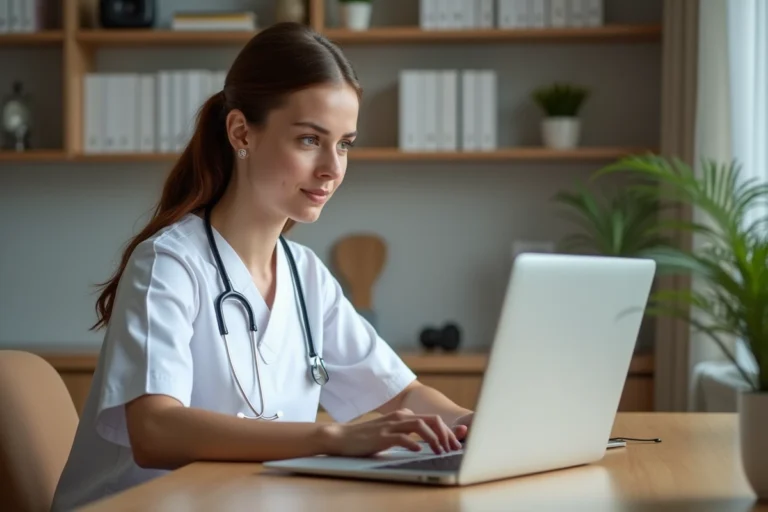 Professionnelle de santé consultant un portail médical en ligne sur son ordinateur portable dans un bureau moderne