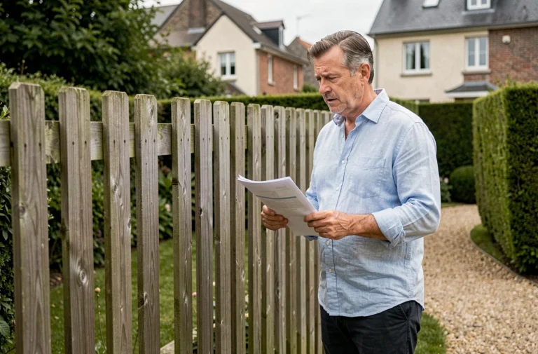 Propriétaire examinant une clôture non conforme au PLU dans un jardin résidentiel français