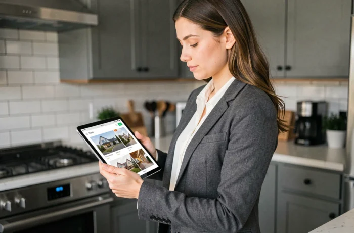 Femme propriétaire consultant une plateforme de location sur tablette dans une cuisine rénovée
