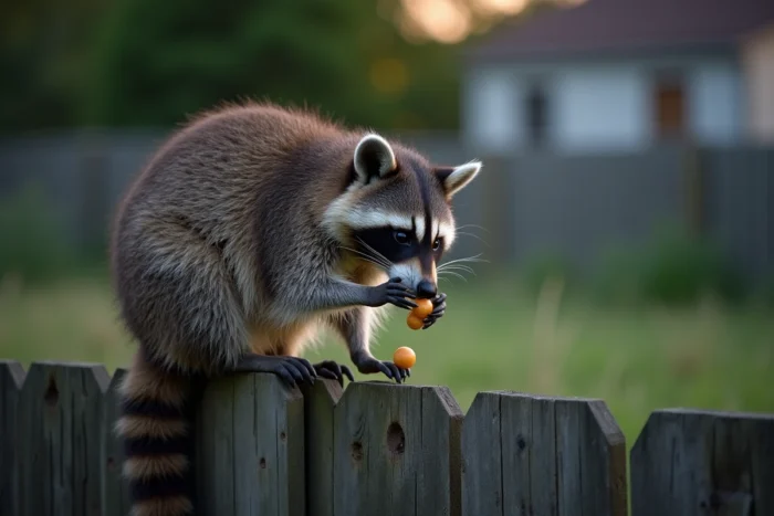 Raton laveur omnivore tenant un fruit dans ses pattes dans un jardin suburban