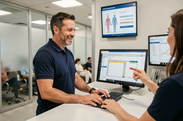 Réceptionniste médical gérant la prise de rendez-vous en ligne dans une salle d'attente de centre de santé