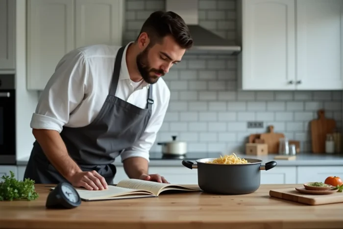 Homme consultant une recette manuscrite avec minuteur et pâtes en cuisson dans une cuisine moderne