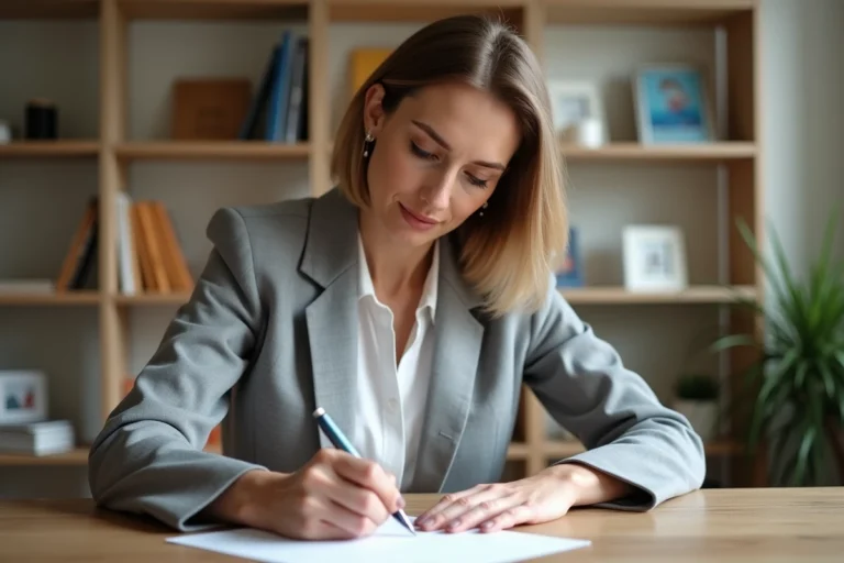 Femme écrivant une adresse postale sur une enveloppe à son bureau à domicile pour envoyer un courrier à la CPAM de Nanterre 92