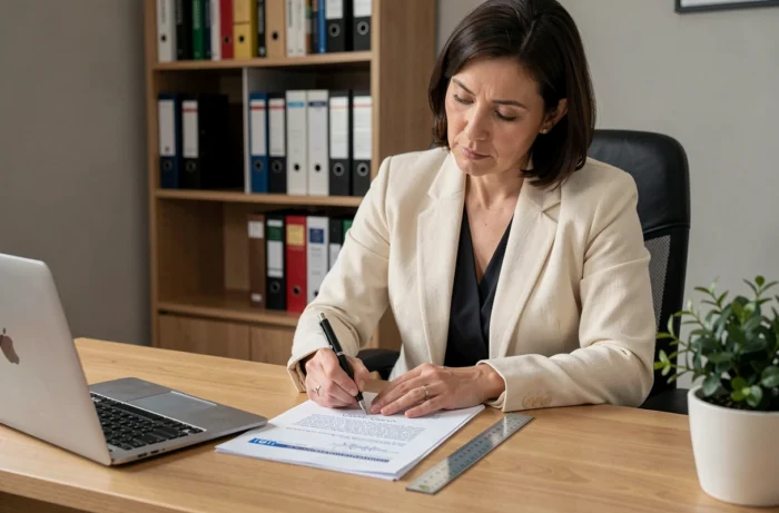 Femme rédigeant une lettre de réclamation concernant une clôture non conforme au PLU à son bureau