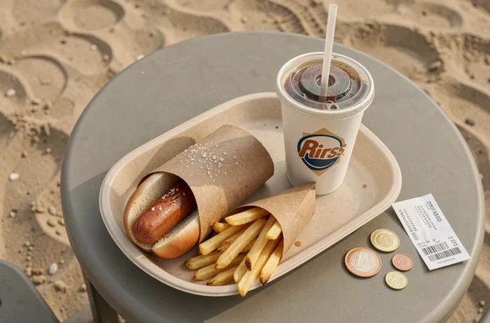 Plateau repas budget au snack de La Mer de Sable avec hot dog frites et boisson sur table de parc