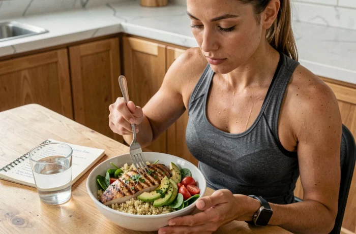 Sportive préparant un repas équilibré post-entraînement riche en protéines et légumes frais pour optimiser ses performances sportives