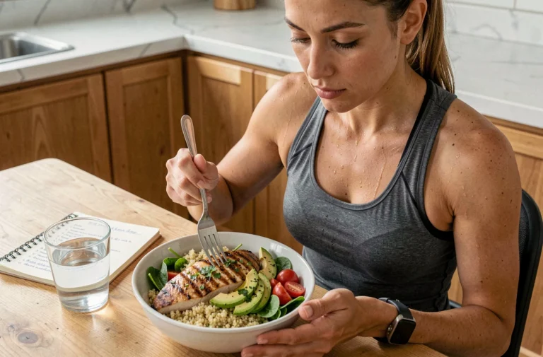 Sportive préparant un repas équilibré post-entraînement riche en protéines et légumes frais pour optimiser ses performances sportives