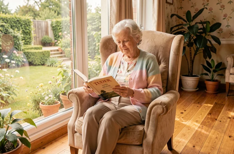 Résidente âgée lisant tranquillement dans un fauteuil confortable d'une maison de repos belge avec vue sur le jardin