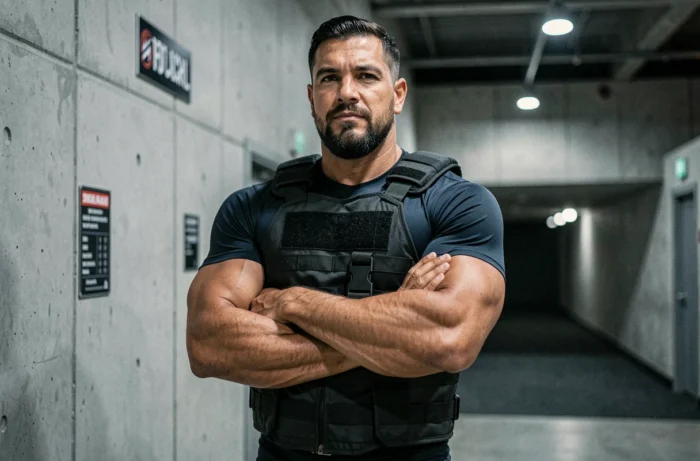 Roman Reigns en tenue de catch athlétique dans un couloir d'arène, silhouette imposante et gabarit athlétique mis en valeur