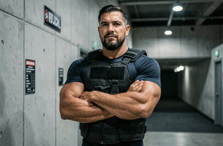 Roman Reigns en tenue de catch athlétique dans un couloir d'arène, silhouette imposante et gabarit athlétique mis en valeur