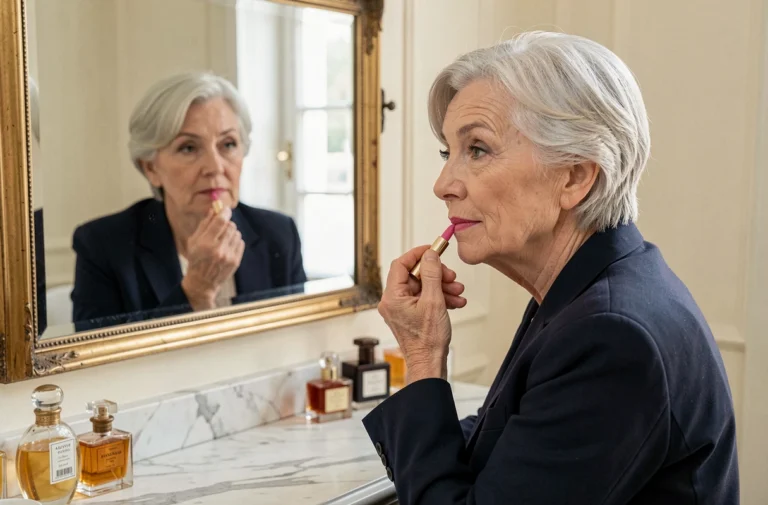 Femme élégante de 70 ans appliquant un rouge à lèvres rose devant un miroir de coiffeuse vintage dans un appartement parisien