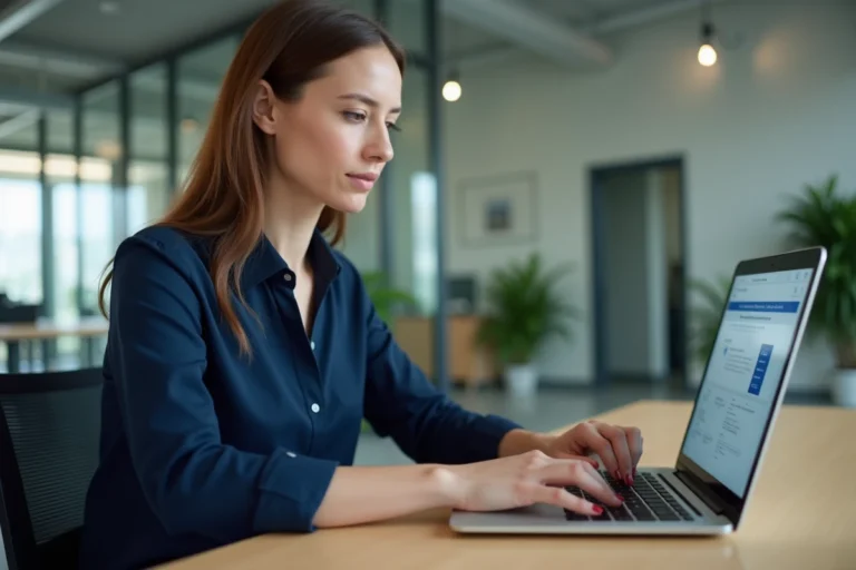 Salariée Cooperl connectée à son espace personnel en ligne sur un ordinateur portable dans un bureau moderne