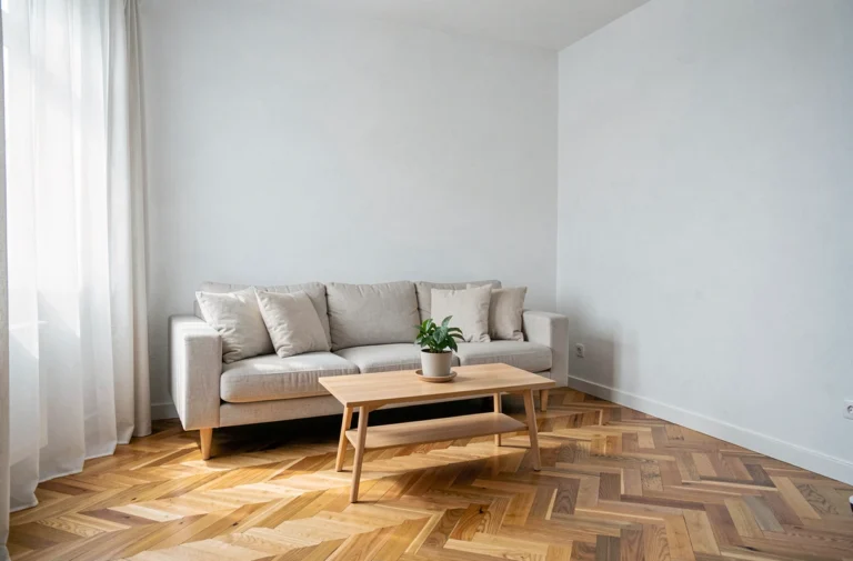 Salon moderne bien aménagé pour une annonce de location avec décoration épurée et parquet bois