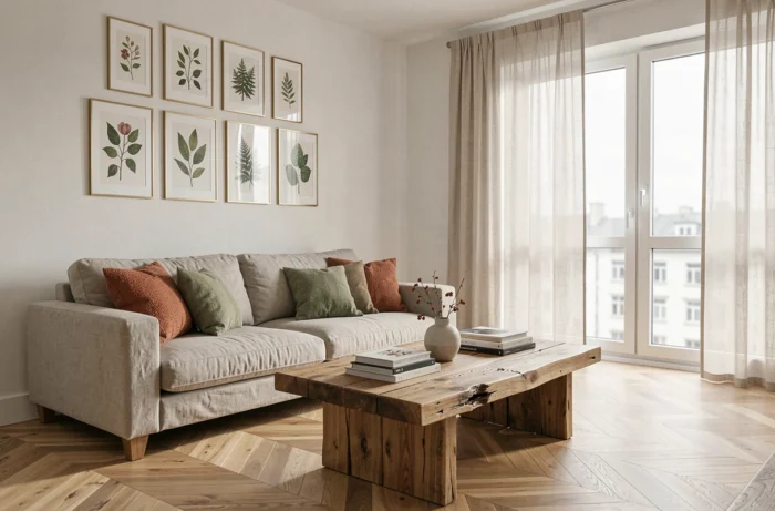 Salon moderne décoré avec canapé en lin, coussins en terre cuite et mur de cadres botaniques dans un appartement scandinave