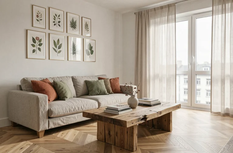 Salon moderne décoré avec canapé en lin, coussins en terre cuite et mur de cadres botaniques dans un appartement scandinave