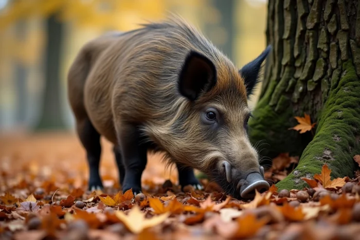 Sanglier omnivore fouillant les feuilles mortes en forêt à l'automne