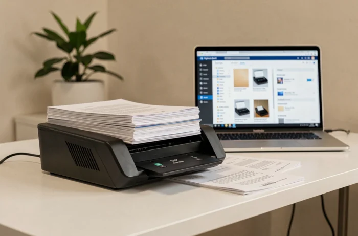 Scanner de documents haute vitesse connecté à un logiciel de numérisation affiché sur un ordinateur portable dans un bureau épuré