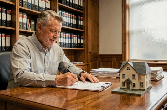 Homme signant un acte de vente immobilier chez le notaire lors de la finalisation d'un achat de maison