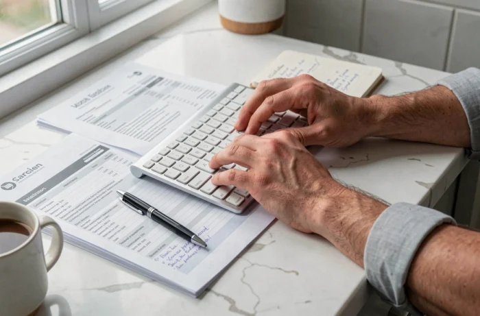 Gestion administrative et bancaire pour une petite entreprise en ligne, vue rapprochée des documents et outils de travail
