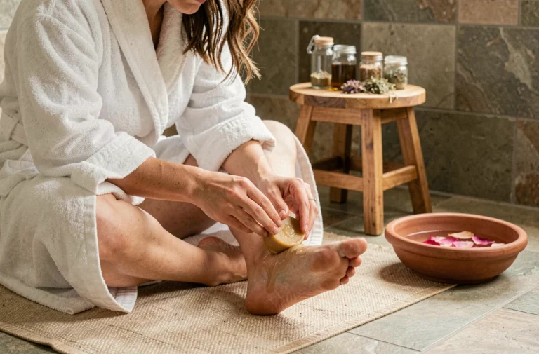 Femme appliquant un baume naturel au beurre de karité sur ses pieds lors d'un rituel de soin à domicile dans une salle de bain en pierre naturelle