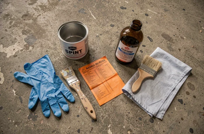 Vue de dessus d'un assortiment d'outils et produits solvants sur un sol de garage en béton incluant white spirit, acétone, gants et pinceau usagé