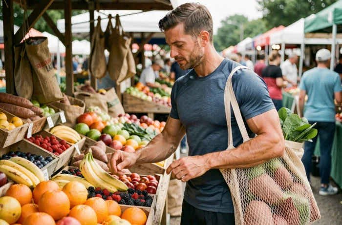Sportif choisissant des fruits et légumes frais au marché pour optimiser son alimentation et ses performances physiques