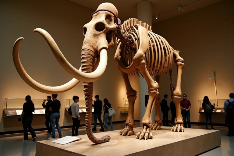Squelette complet de mammouth laineux exposé dans un musée d'histoire naturelle avec défenses en ivoire incurvées