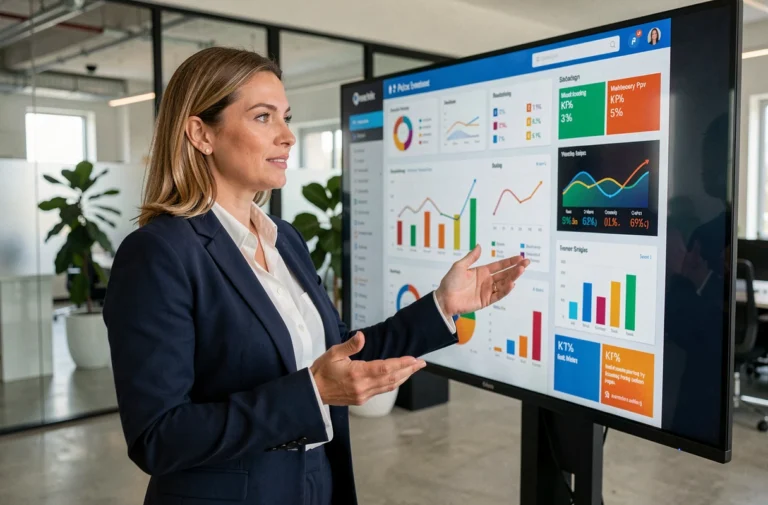 Femme professionnelle présentant une stratégie marketing digitale sur un écran analytique dans un bureau moderne