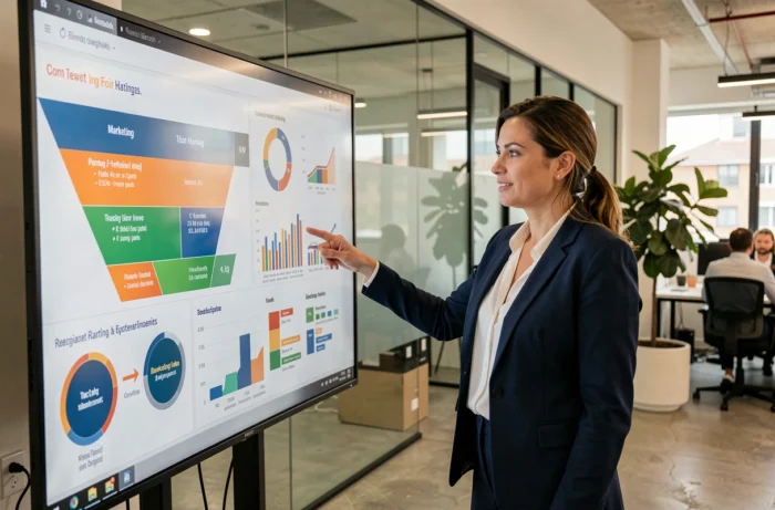 Femme professionnelle présentant une stratégie marketing sur écran interactif dans un bureau moderne