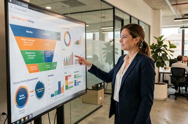 Femme professionnelle présentant une stratégie marketing sur écran interactif dans un bureau moderne