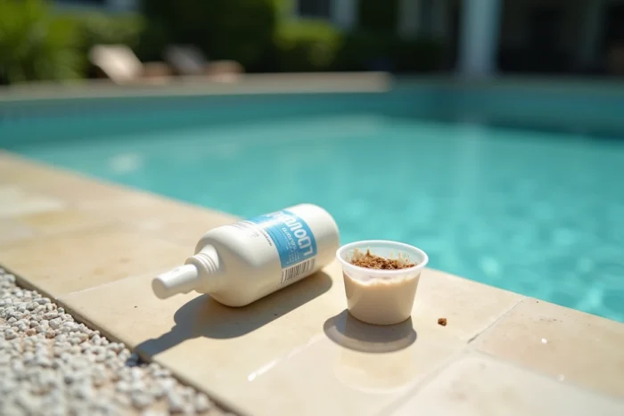 Bouteille de clarifiant piscine renversée sur le bord d'un bassin à l'eau laiteuse et trouble