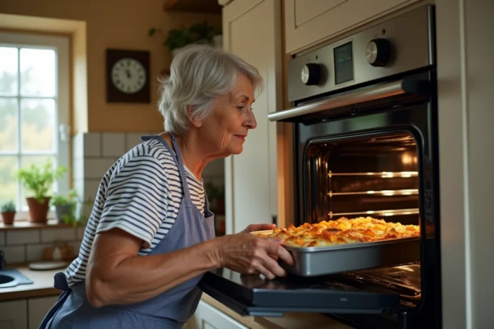 Femme surveillant la cuisson d'un gratin au four dans une cuisine familiale chaleureuse