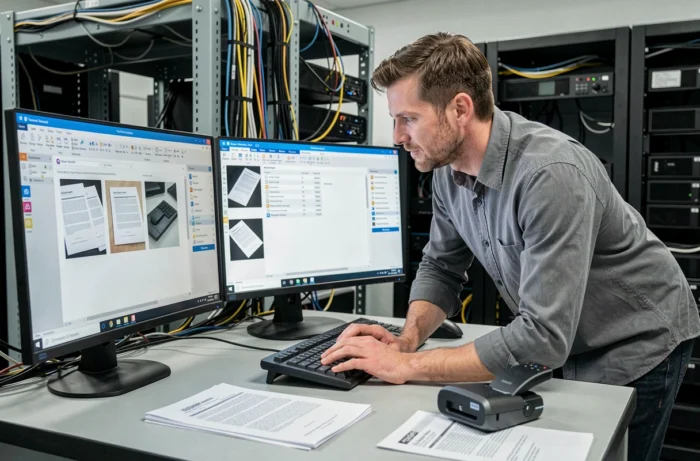 Technicien informatique configurant un logiciel de numérisation avancé sur un poste de travail à double écran