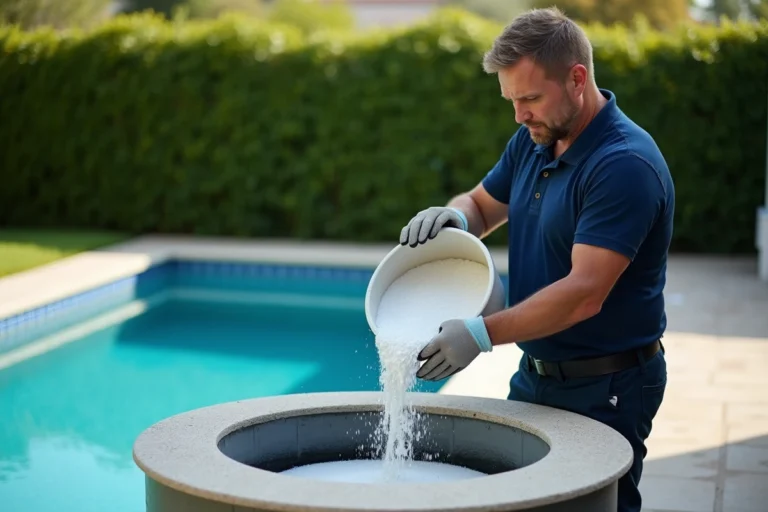 Technicien piscine versant du verre de filtration dans un filtre à sable au bord d'une piscine résidentielle