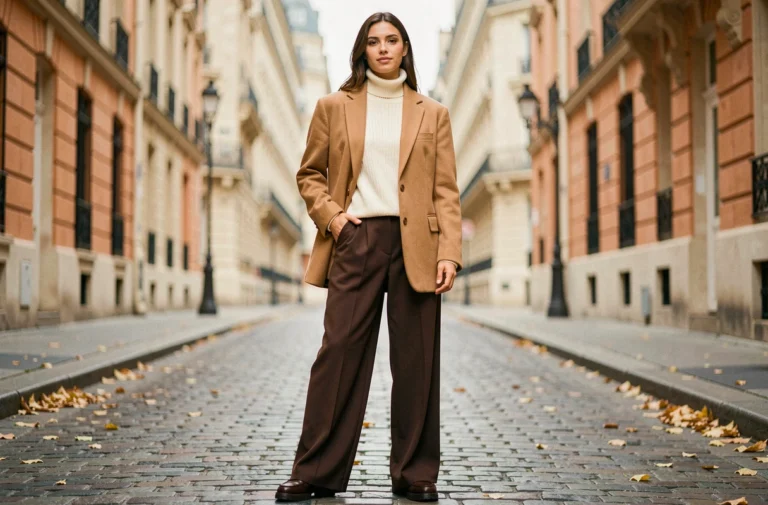 Jeune femme élégante portant un blazer camel oversize et un pantalon large marron dans une rue parisienne pavée en automne