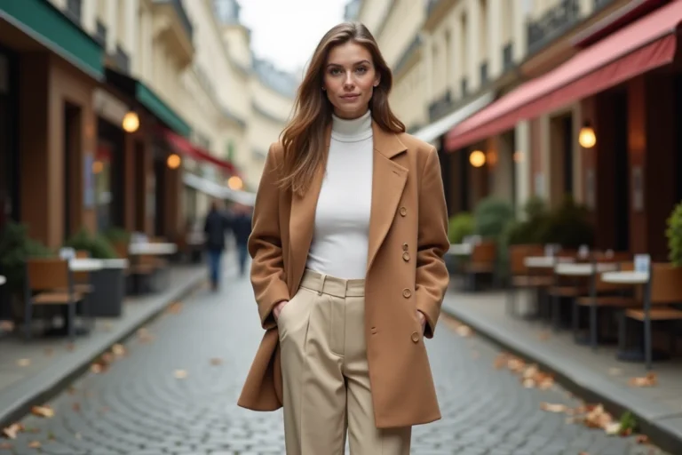 Femme élégante portant un blazer oversize camel et un pantalon large ecru dans une rue pavée parisienne, tendances mode automne